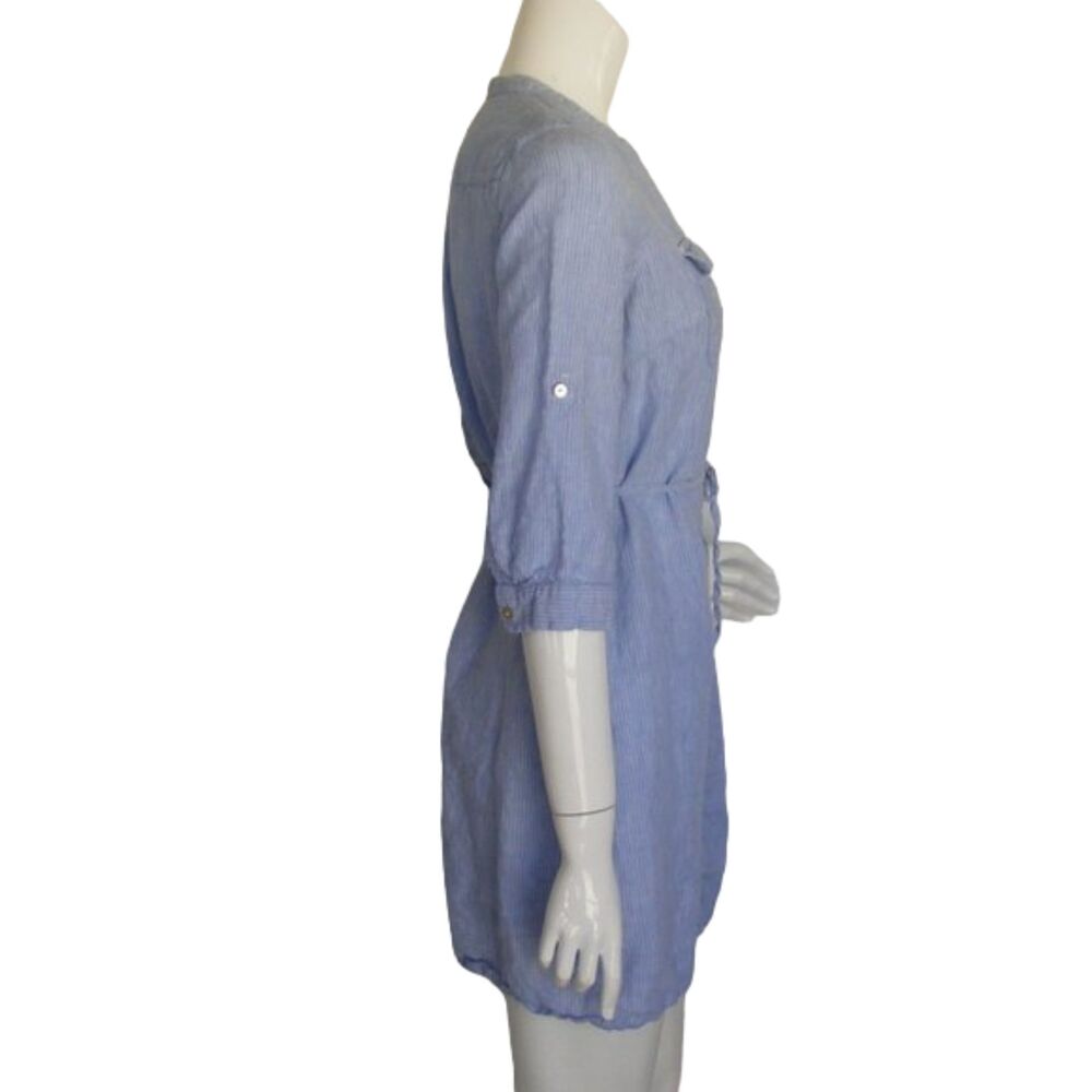 MALVIN Linen Dress, M, Blue, thin white stripe, Mini, Pockets, Sash belt - Picture 6 of 14